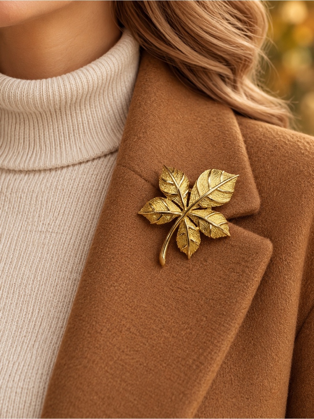 Vintage Metallic Gold Leaf Brooch Pin